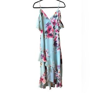Lulus size M floral dress with handkerchief hem, light blue-green pink floral